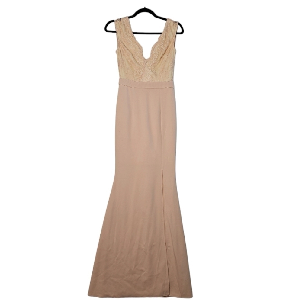 Maniju Blush Beige Scalloped V Neck Lace Sleeveless Top Side Slit Maxi Dress S - Picture 3 of 13